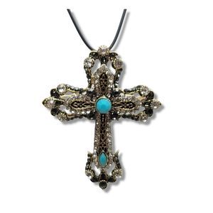 Gold tone multicolor Crystal Cross Brooch Pendant